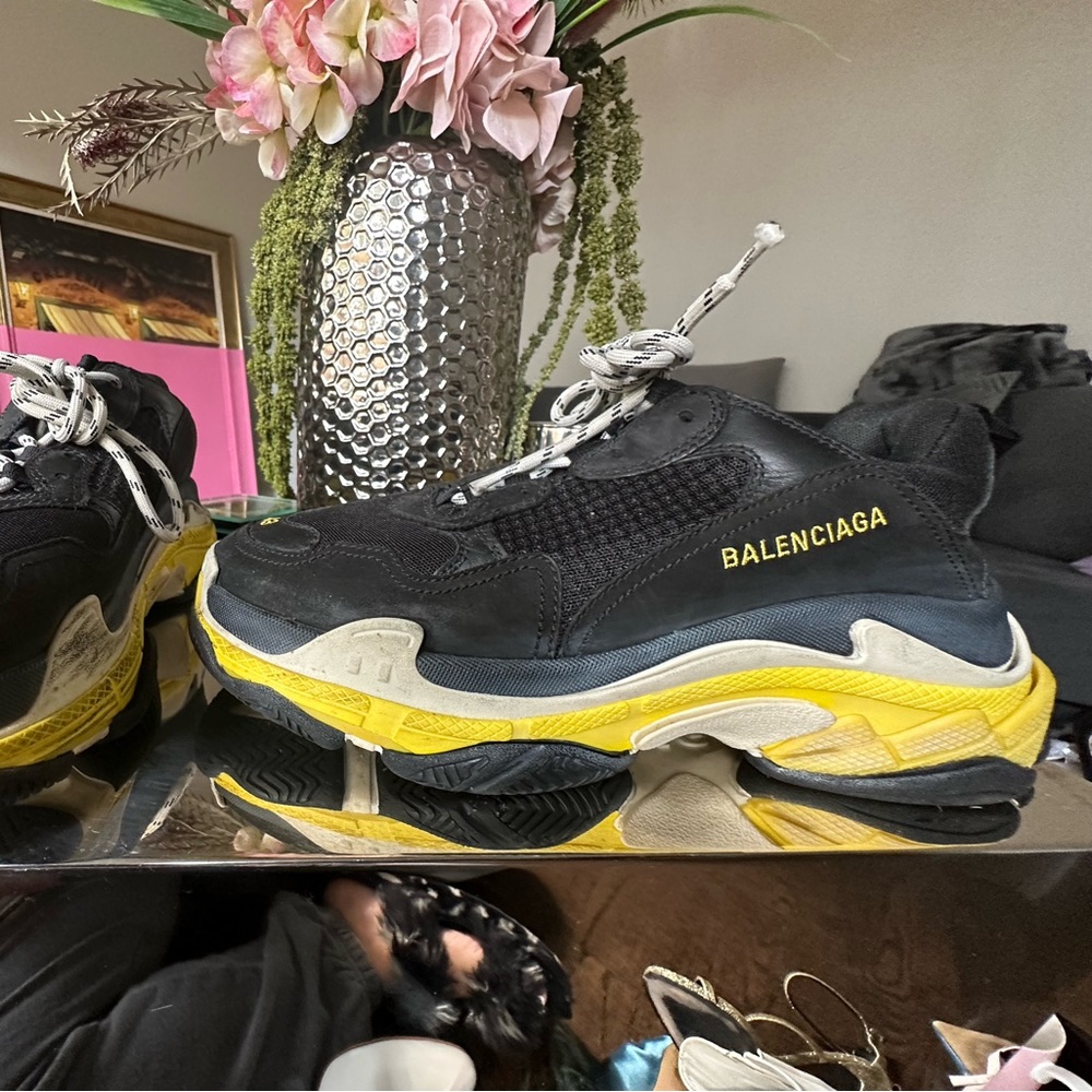 BALENCIAGA, Fabric Mesh Mens Triple S Sneakers 40 Black Yellow - Picture 4 of 9